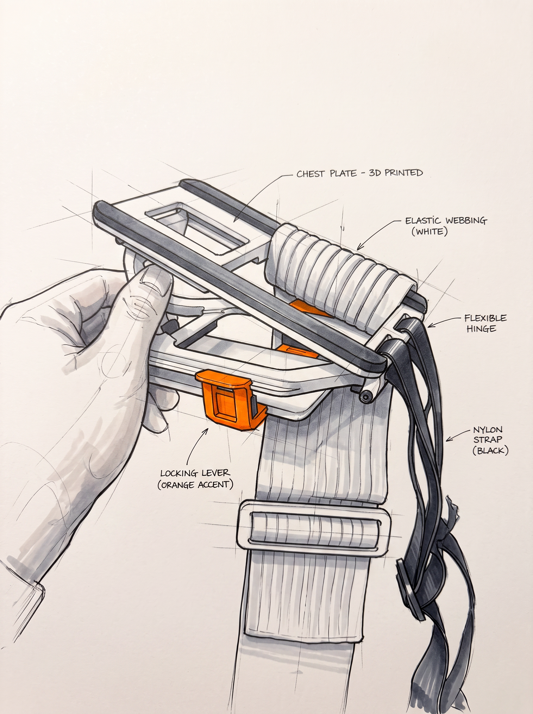 Marker-Skizze des Prototyp 1.0 in der Hand, Dreiviertelansicht
