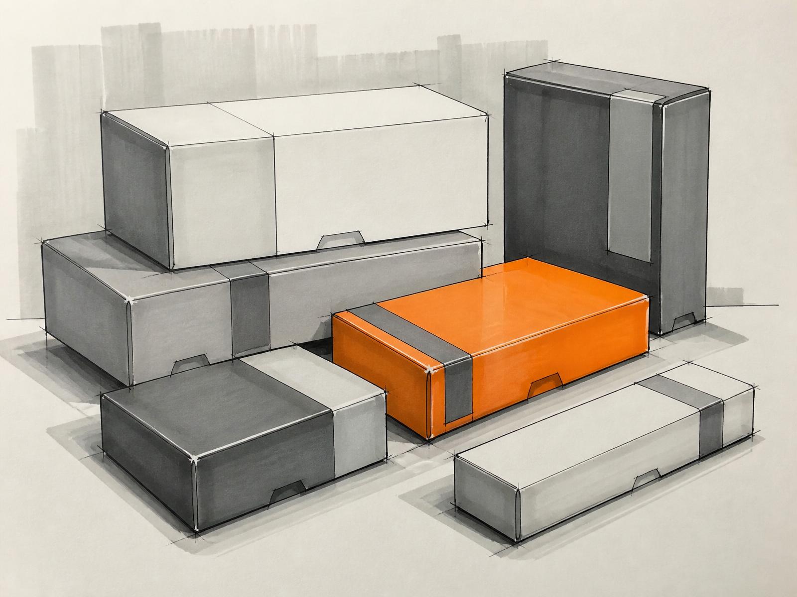Marker-Skizze der Verpackungsstudie im Blickwinkel-Design